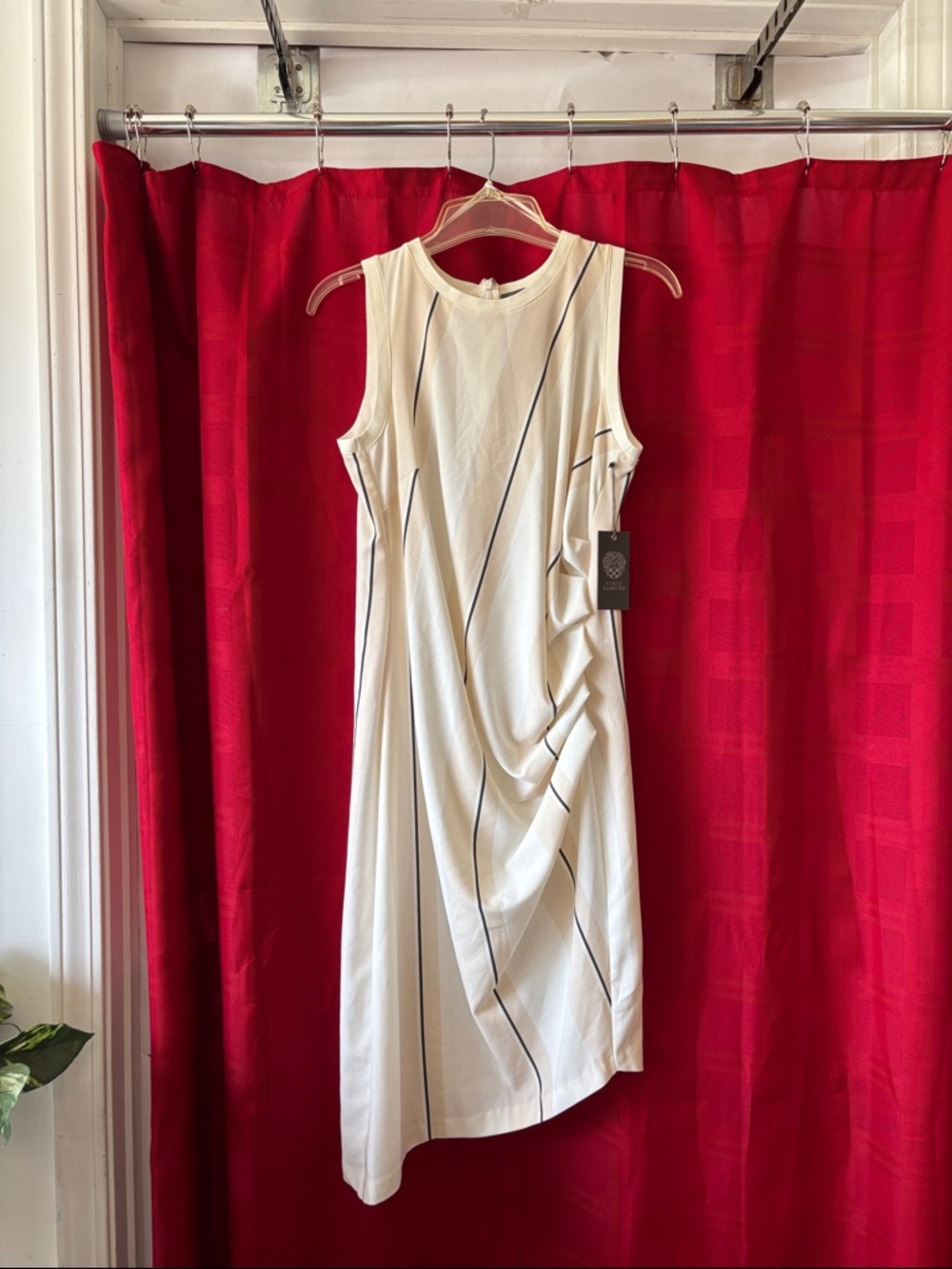 Vince Camuto Ivory Midi Dress with Black Pinstripes